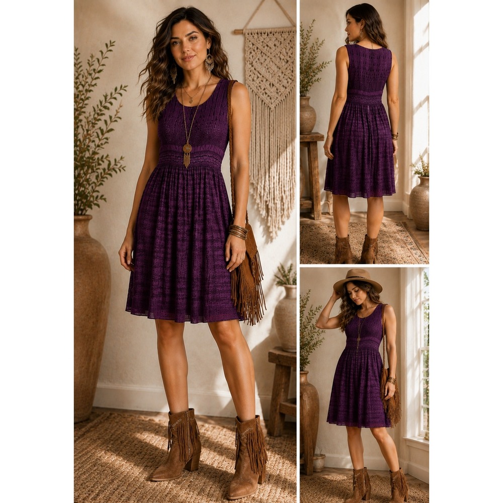MSSP Max Studio Specialty Products Dress Womens M Purple Smocked Textured Boho